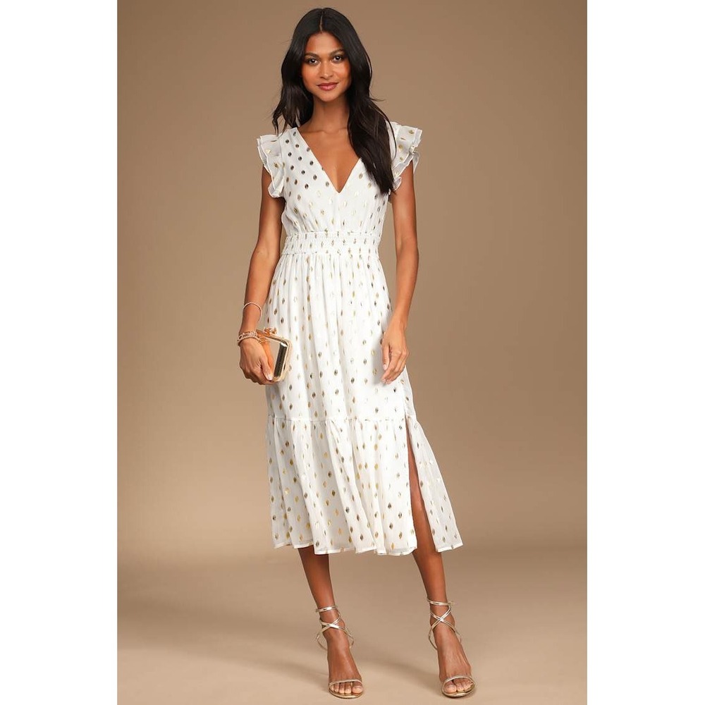 Lulus Cause to Celebrate White Gold‎ Dot Ruffled Tiered Midi Dress L NWT